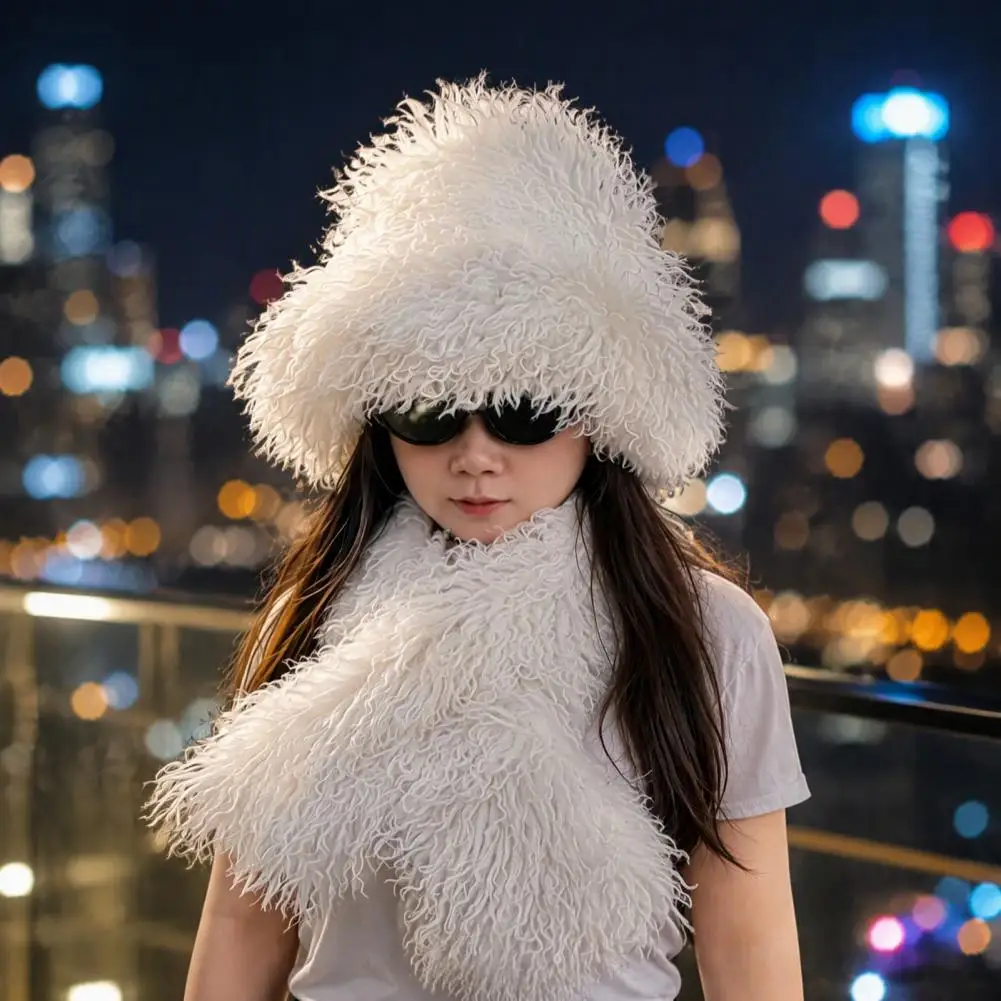 Oversized Brim Hat Women’s Curly Plush Bucket Hat Fuzzy Winter Scarf Set Soft Fluffy Warm Headwear for Weather Girls Women