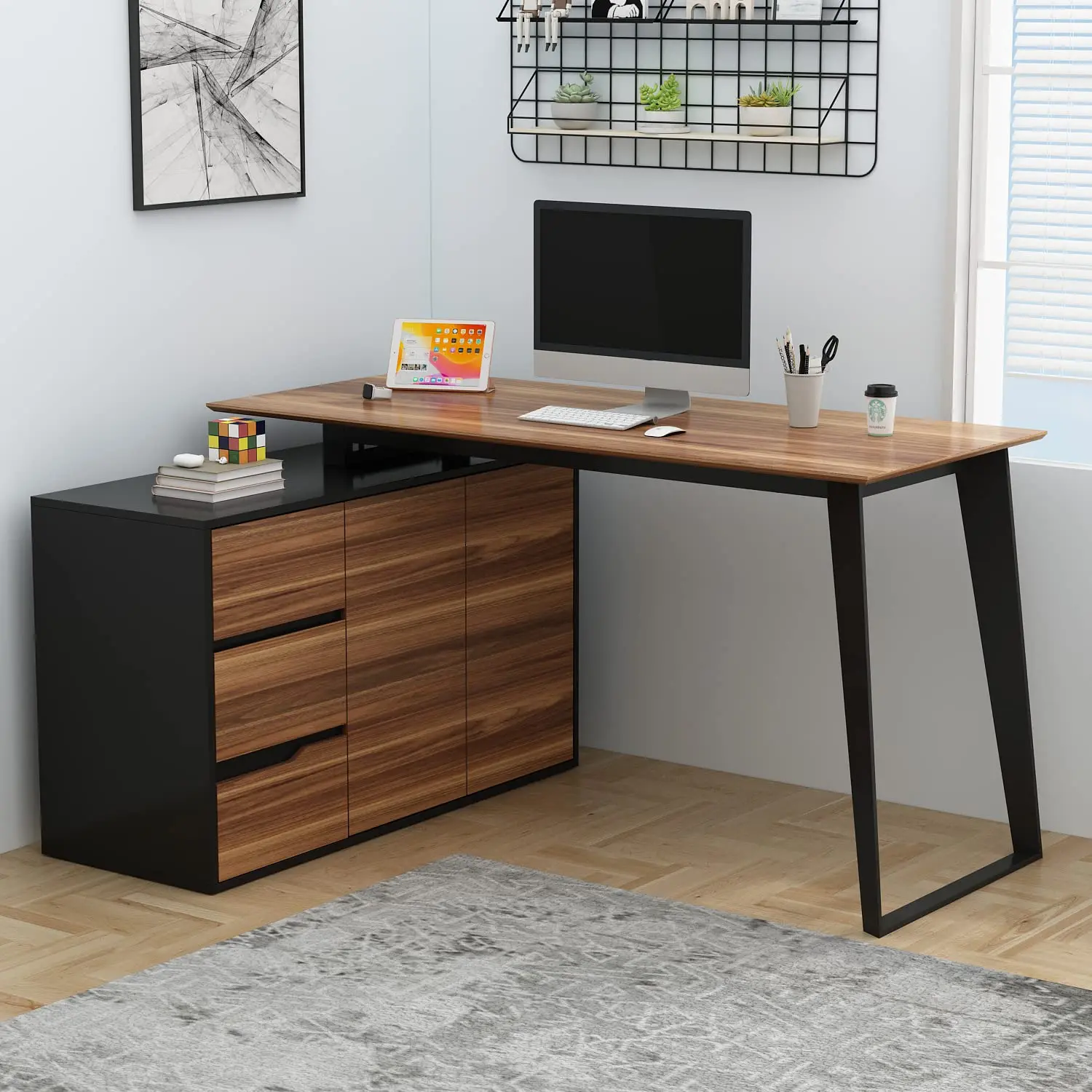 L-Shaped Desk 3 Drawers 2 Shelves 2 Doors 55 Inch Corner Study Table Storage Cabinet Black Brown 54.3x40.9x29.1