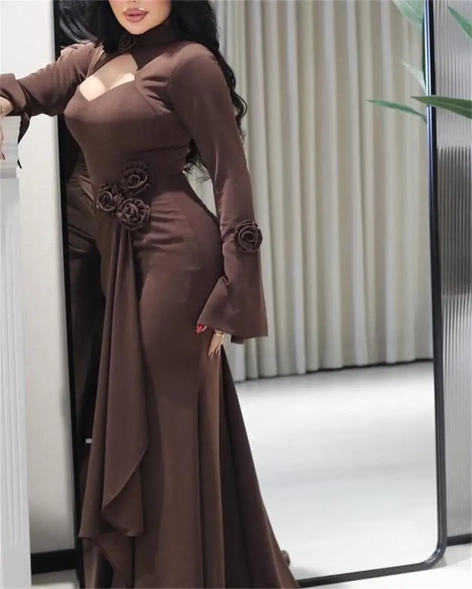 

Customized Mermaid Long Sleeves Prom Dresses High Neck Party Pleated Flowers Evening Dresses Floor Length Party Dresses