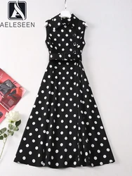 AELESEEN Elegant Long Dress Women Summer Sleeveless Turn-down Collar Classic Dots Print Singe-breasted Belt Casual Party