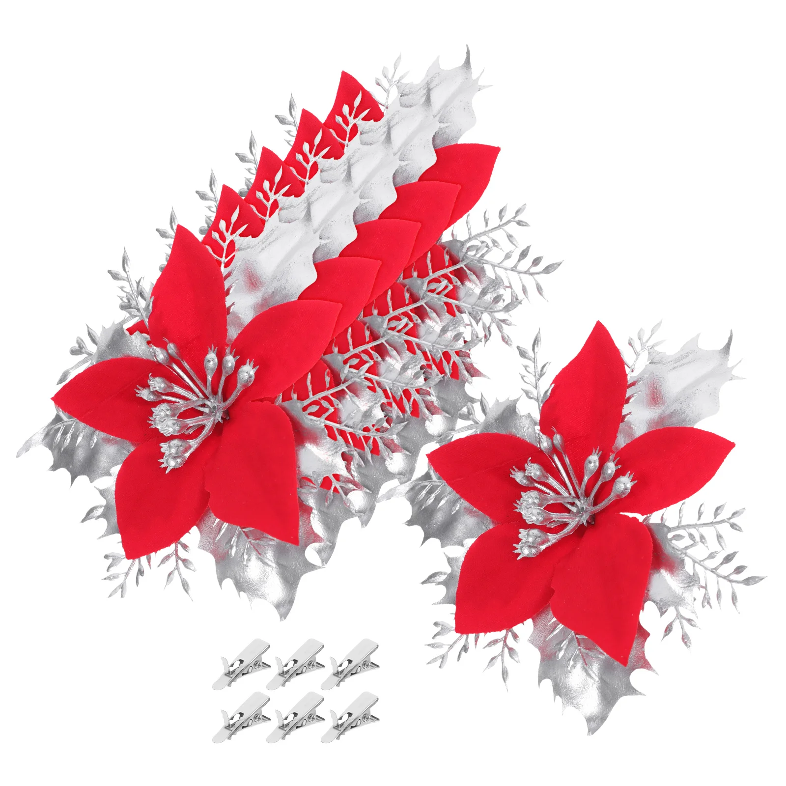 

6Pcs Christmas Flower Decorations Artificial Poinsettia Realistic Cloth Floral Brooch Clips Holiday Wreath Tree Decor
