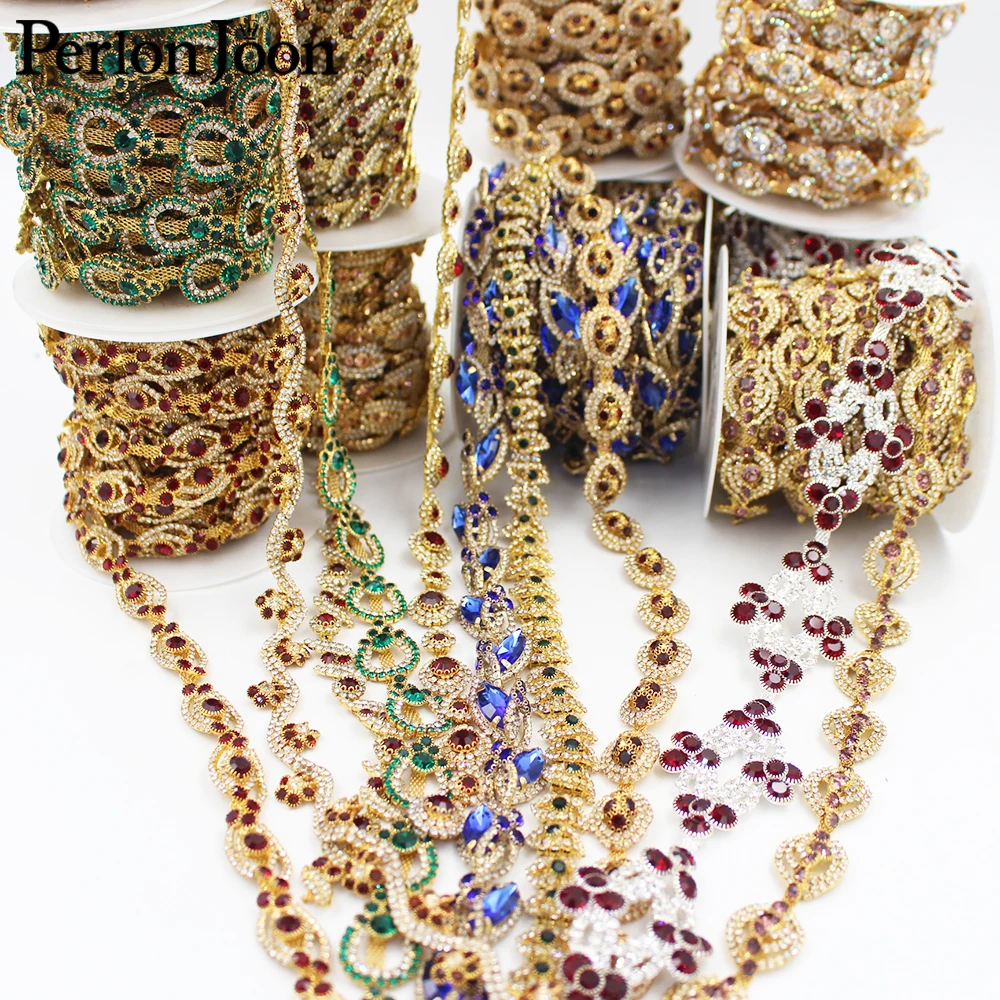 New Gold crystal ribbon colorful applique Rhinestone Trim Chain for women shoes bags clothing decoration accessories ML183-193