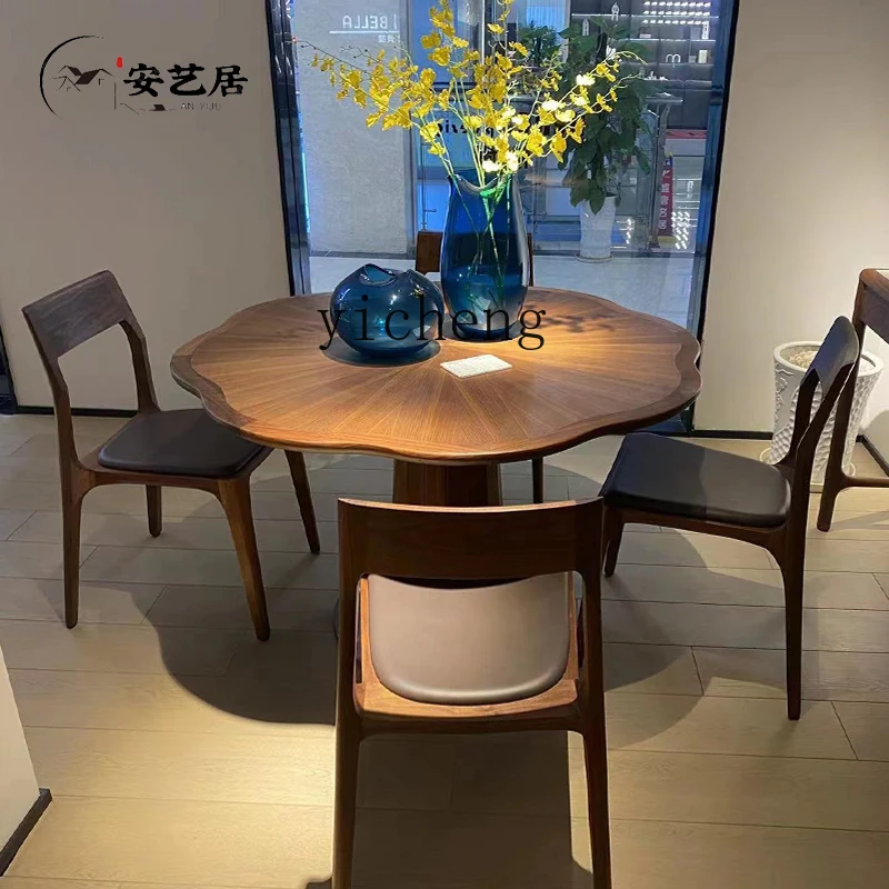 ZZ solid wood dining table round petal eating table Zen modern home black walnut dining chair combination