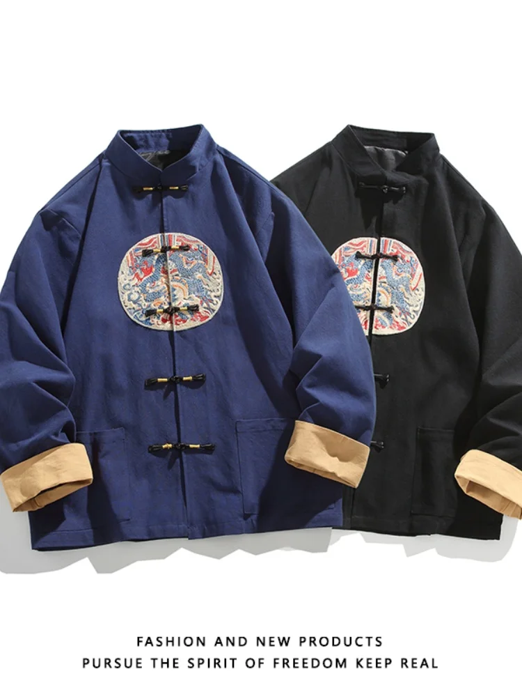 

Новая мужская льняная рубашка с длинным рукавом в стиле ретро с вышивкой, костюм Тан, улучшенный ханьфу, дышащая верхняя одежда из хлопка и льна, коллекция 2025 года