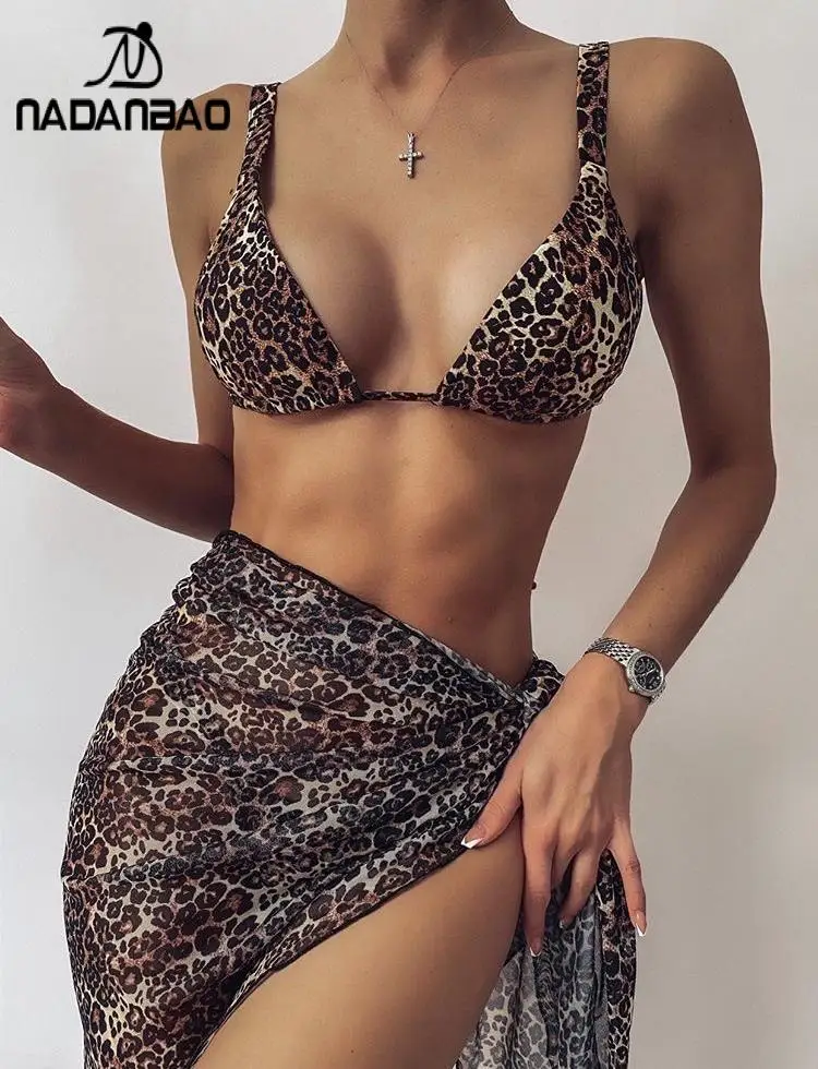 

Nadanbao Sexy Bikini Women Three-Piece Bikini Set Swimwear Female Fashion Leopard Print Backless Designer Surfing Beachwear