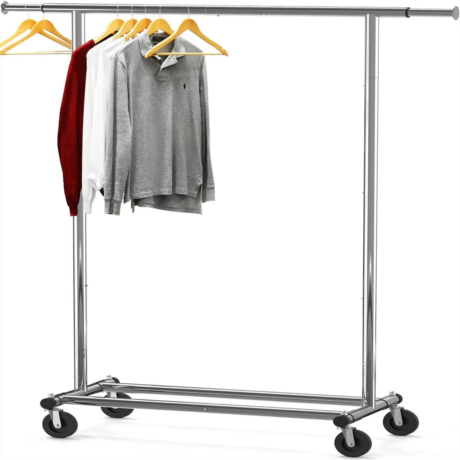 Perchero Resistente para Ropa con Capacidad para 150 lb, Barra Extensible de 42-67 Pulgadas, Estructura de Acero Cromado con Ruedas