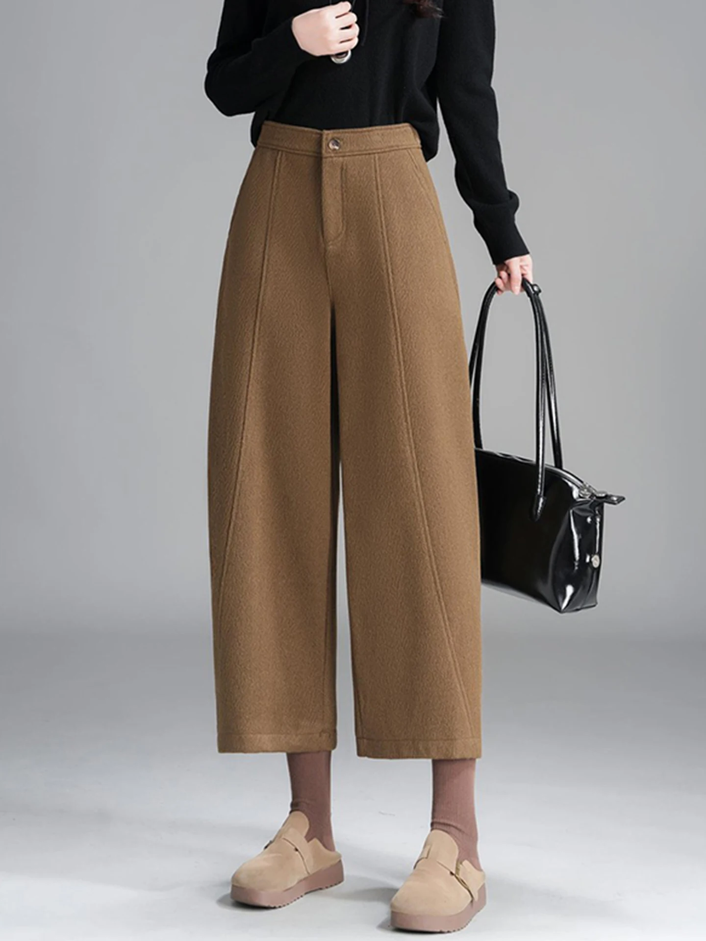 

High Waist Loose Woolen Scythe Pants Women's Autumn Winter Casual Harlan Pants Small Size People High Waist Wide Leg Trousers