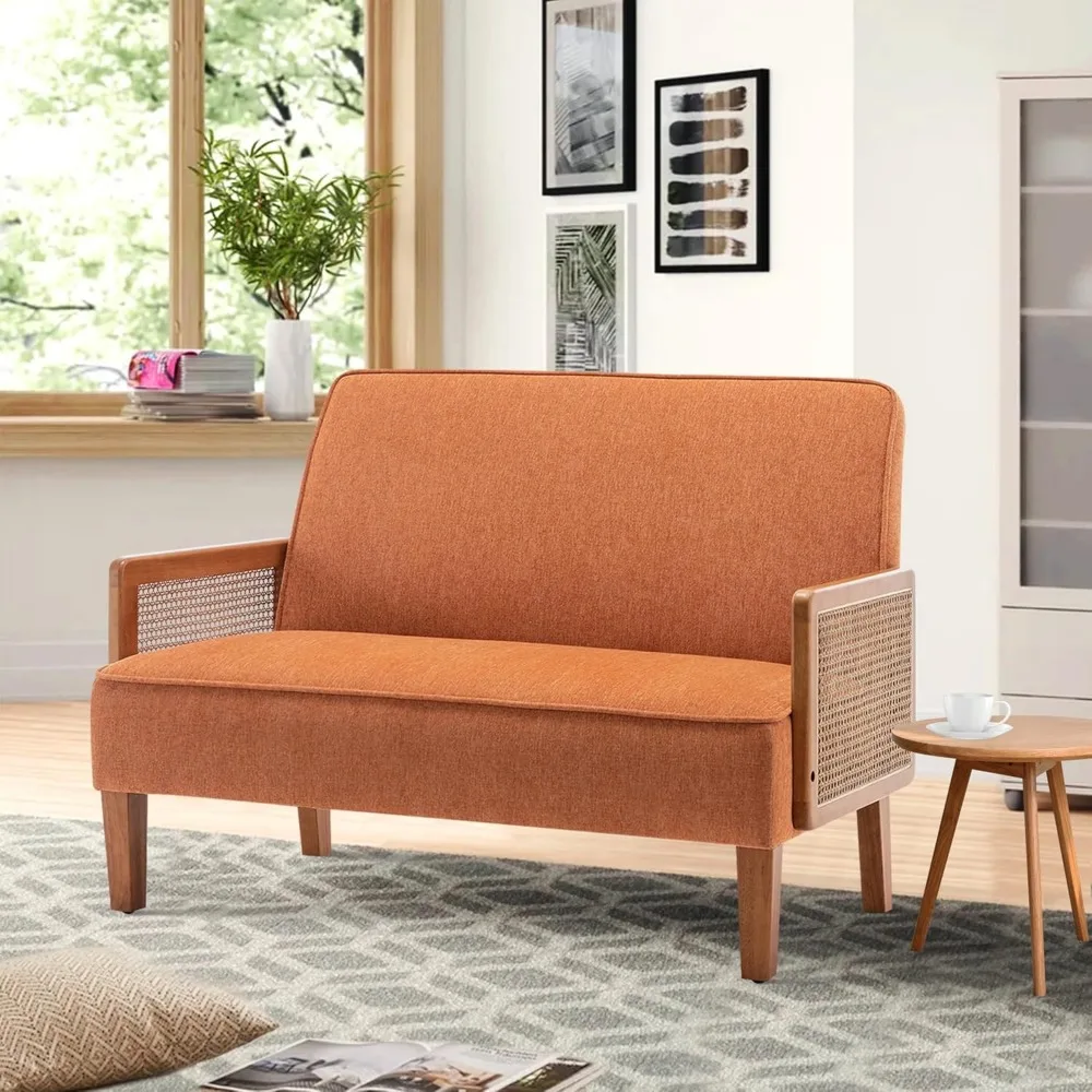 

Small Loveseat Sofa Couch with Arms Upholstered Small Love seat Mini Sofa Couch with Rattan Armrest for Bedroom Living Room Ora