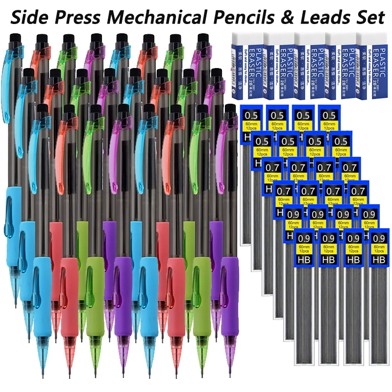

53pcs/set Side Press Mechanical Pencils Set, 0.5/0.7/0.9mm Automatic Pencil Replaceable Lead, for School Office Writing Supplies