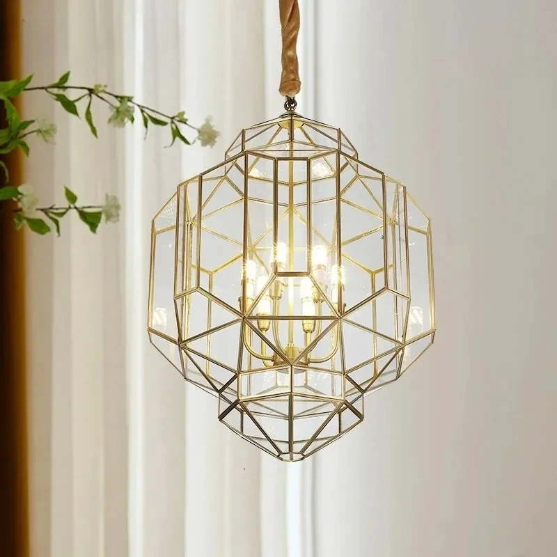 

American All Copper Geometry LED Pendant Lights Transparent Glass Hanging Lamp Living Room Bedroom Restaurant Kitchen Chandelier