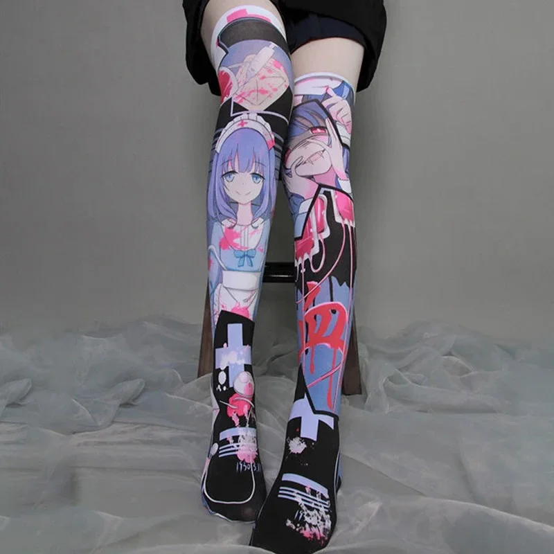 Japanese Cartoon Lolita Sweet Velvet Printed Kawaii Stockings Women Cute Stockings White High Over Knee Socks Cosplay for Anime