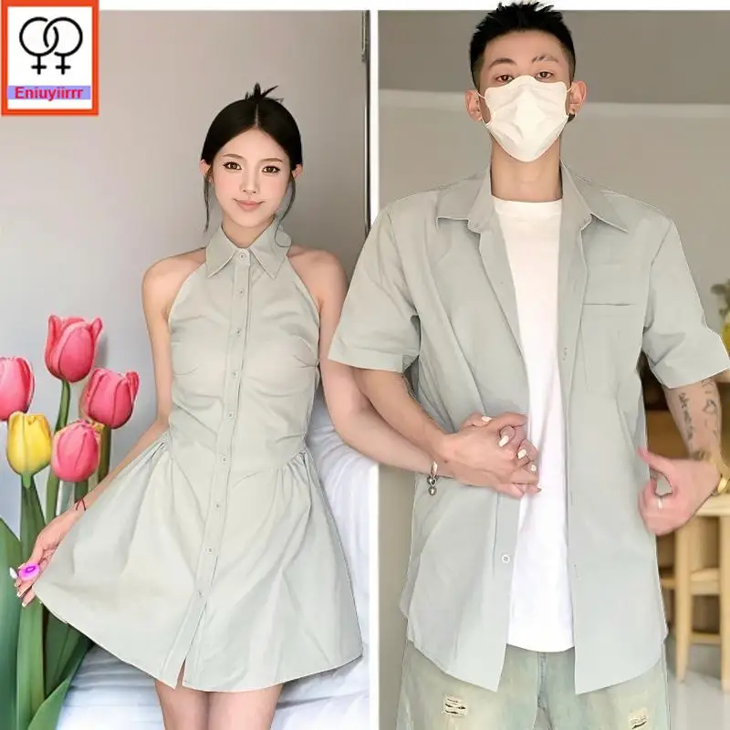 Matching Couple Hoodies Dress Lovers Clothes 2024 Summer Honeymoon Date Girls Solid Button Retro Sleeveless Shirt Dress