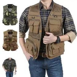 Men's Outdoor Fishing Vest Summer Solid Color Multi-Pocket Casual Mesh Breathable Sleeveless Hiking Zipper Jacket Vestdropshippi