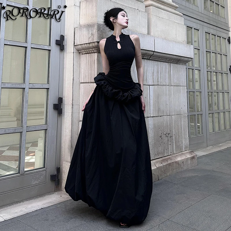 RORORIRI Retro łączona wzburzona bufiasta długa sukienka Maxi damska bez rękawów solidna dzianina wycięcie czarna Cheongsam neo-chińska suknia wieczorowa