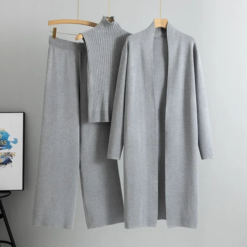 Autumn Winter 3 Piece Set Women Cardigan Tracksuits Fashion Elegant Knitted Pant Set Ladies Sweater Suit Wide Leg Pants Clothing view 5