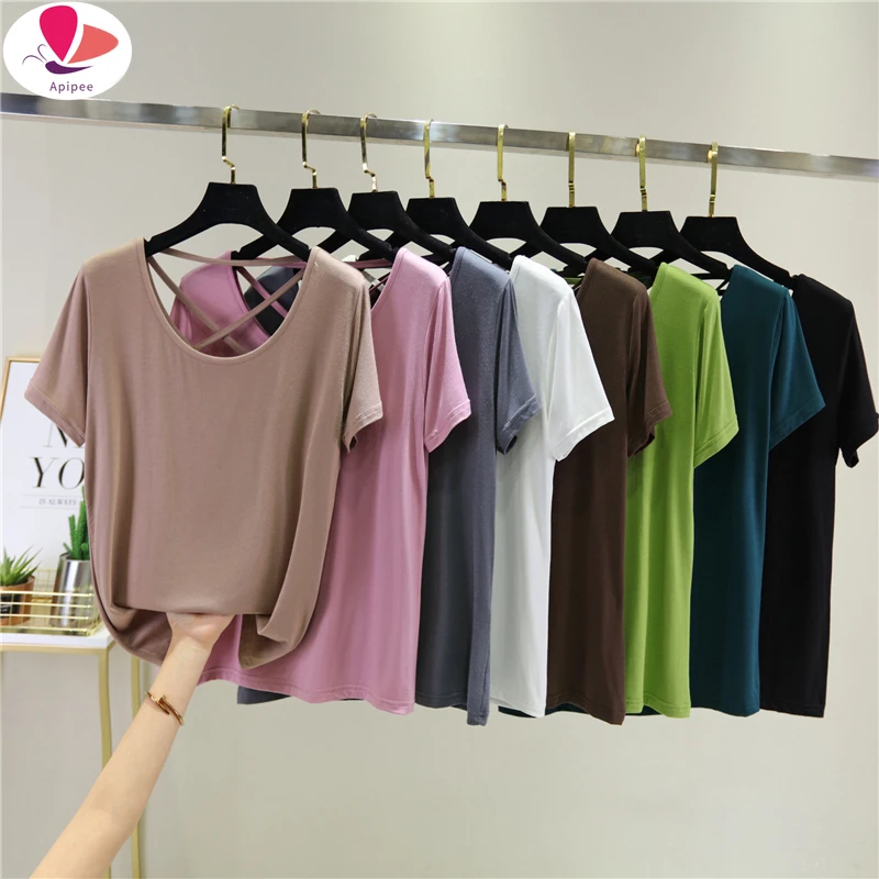 Backless T shirt Women's Summer Thin Modal Bottom Shirt Back Hollow Slimming Short Sleeve Top Solid Color T-shirt