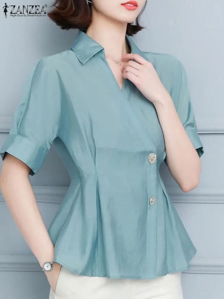 

ZANZEA 2024 Summer Korean Chic Office Women Shirt Fashion Puff Short Sleeve Tops Buttons Waist Blouse Tunic Elegant Work Blusas