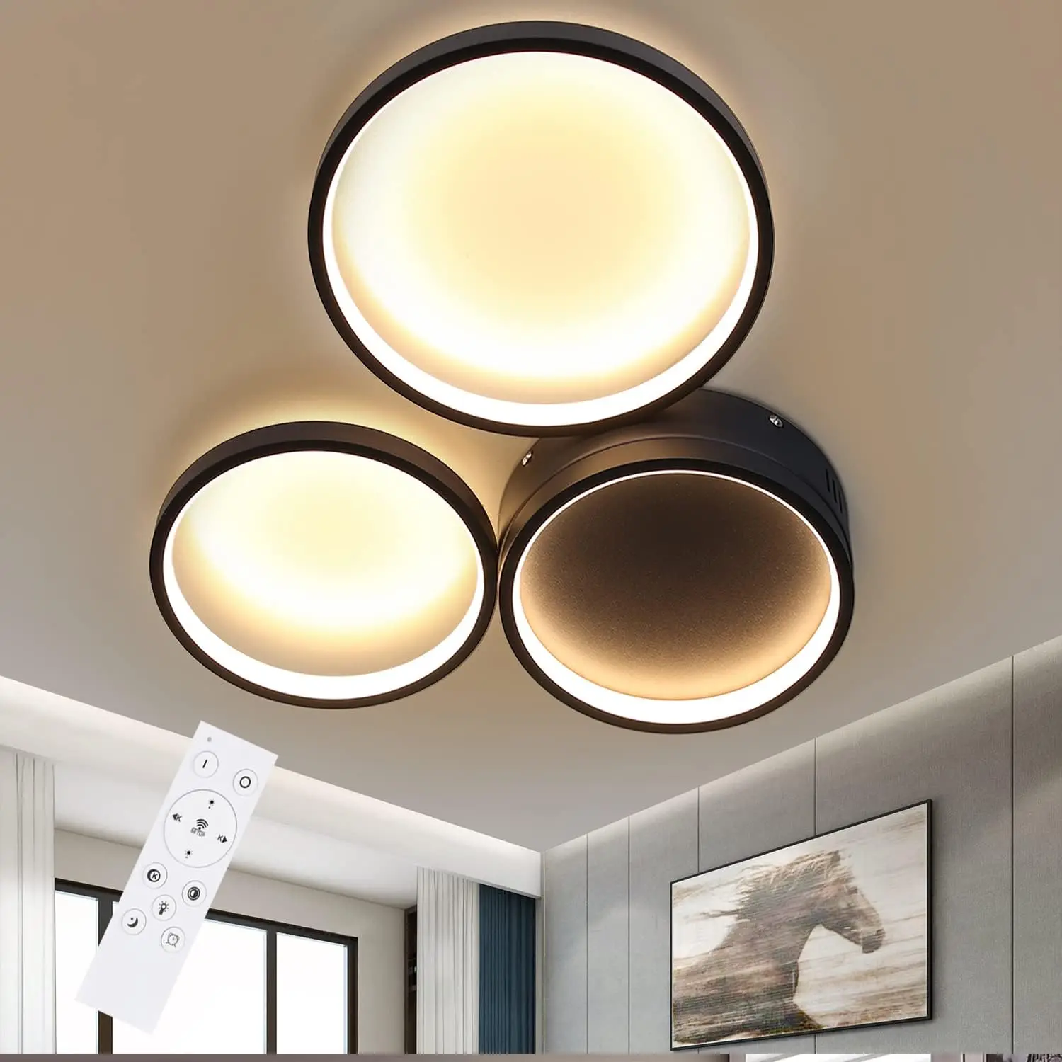 Deckenlampe LED dimmbar Deckenleuchte - Schwarz Wohnzimmerlampe Modern Ring Design 38W Schlafzimmer Deckenbeleuchtung mit Fernbedienung Kinderzimmerlampe Bürolampe Küchenlampe Arbeitzimmer