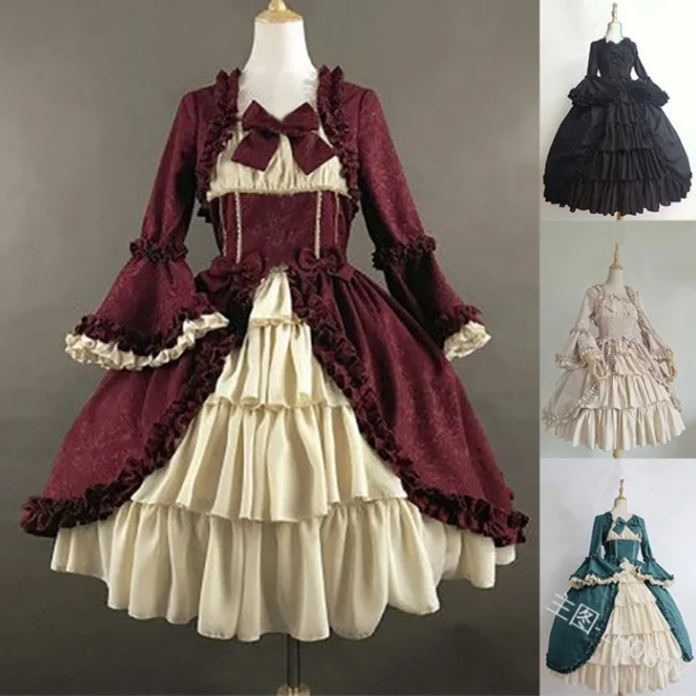 

Medieval Retro Gothic Palace Dress for Women Autumn Square Neck Slim Fit Patchwork Lolita Bow Women's Luxury Evening Dresses Y2k