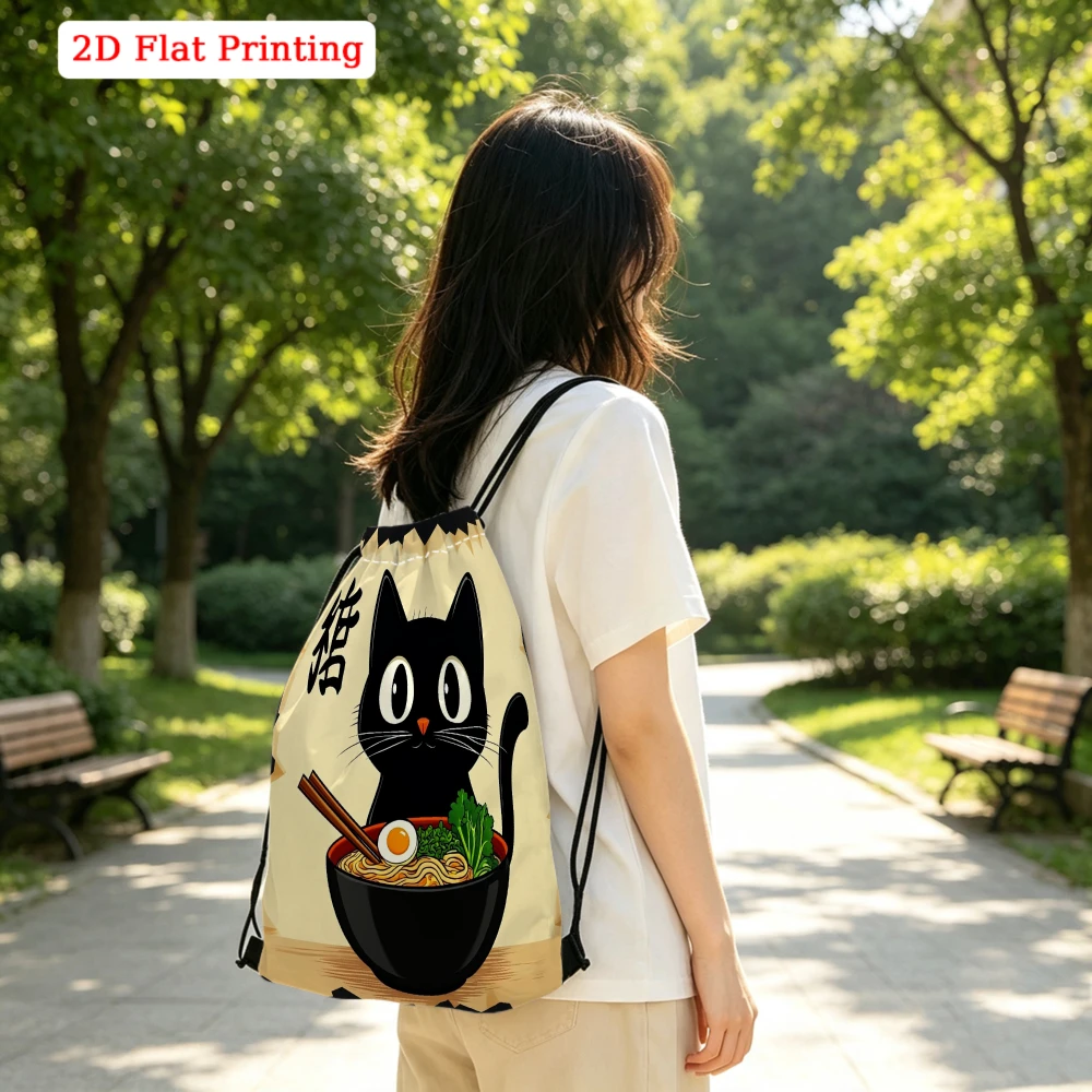 Cute Cartoon Style, Drawstring Backpack, 2D Flat Printing Black Cat Ramen Bowl Pattern, Fitness Sports Bag, Outdoor Travel Draws