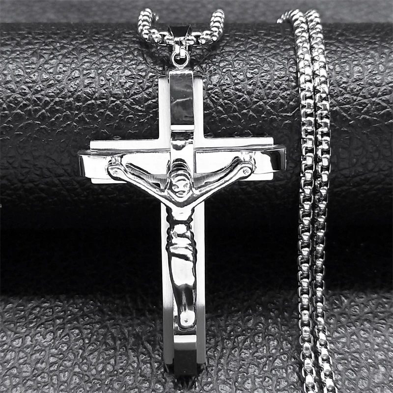 Trendy Christ Jesus Crucifix Cross Big Pendant Necklace for Men Women Stainless Silver Color Chain Amulet Jewelry collar hombre