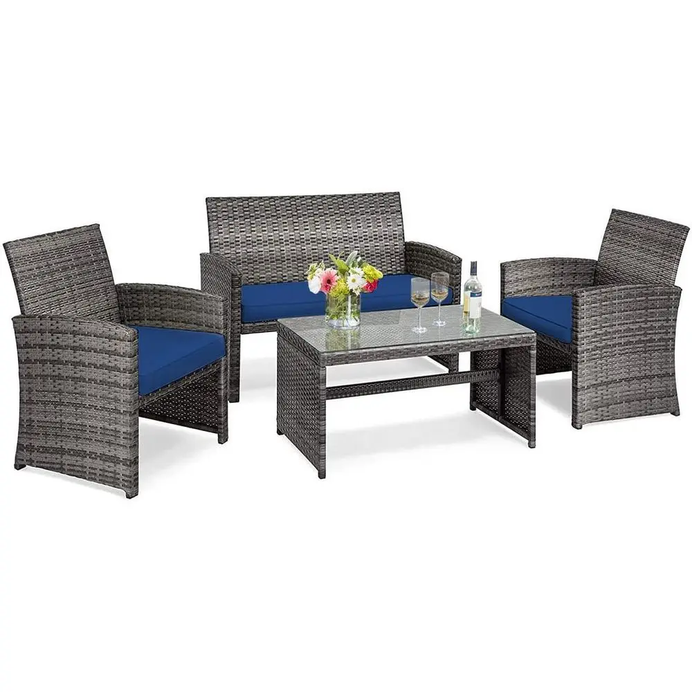 

4-Piece Outdoor Wicker Patio Set with Cushions and Glass Coffee Table for Balcony or Poolside