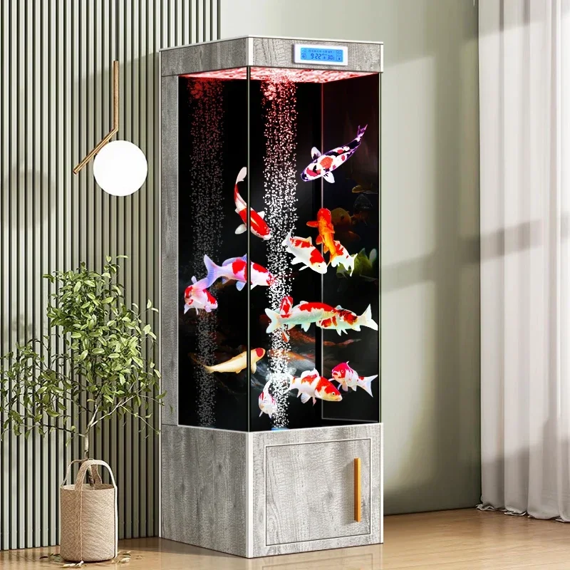 Fish tank next to TV cabinet Small living room Vertical floor-to-ceiling aquarium Lazy water-free ultra-white glass