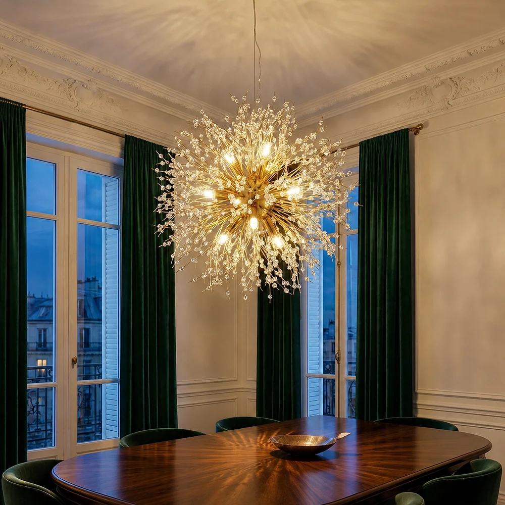 Luminárias Pendentes Modernas de Cristal Estrela do Céu e Bola de Fogo para Sala de Estar, Quarto, Sala de Jantar, Iluminação LED Dandelion, Lâmpada para Restaurante
