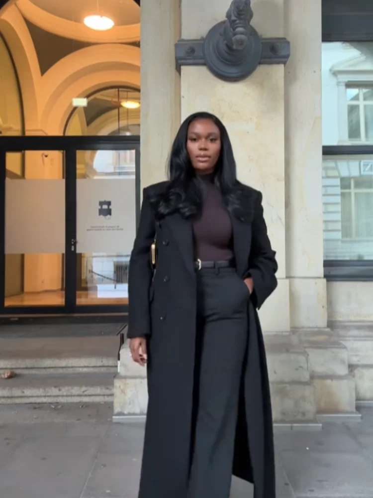 

Casual Woolen Women's Coat Lapel Loose Pocket Lady Long Double-Breasted Coats 2025 Autumn Winter Chic Female Street Outerwear