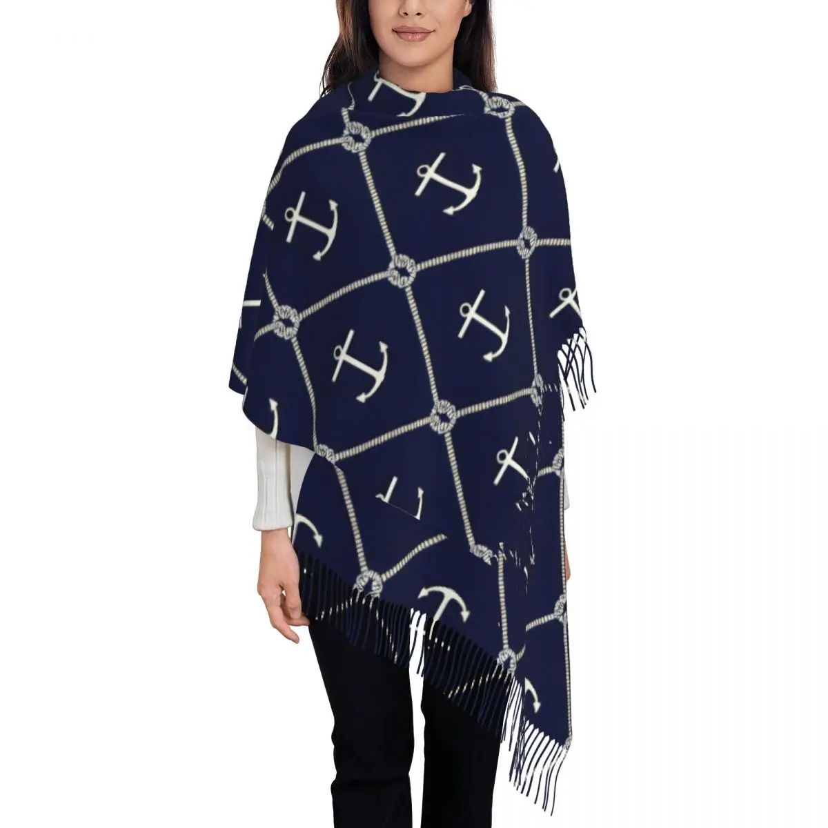 Winter Tassel Scarf Pattern With Anchors Cashmere Scarves Neck Head Warm Pashmina Lady Shawl Wrap Bandana