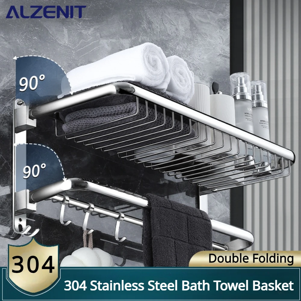 acessorios do banheiro do double folding bath towel basket wall mounted rack com rod armazenamento de roupas aco inoxidavel 304 01