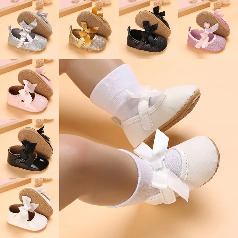 Baby Birthday Party Shoes Infant Toddler Bowknot gomma antiscivolo suola morbida Flat PU First Walker Newborn Bow Decor Mary Janes