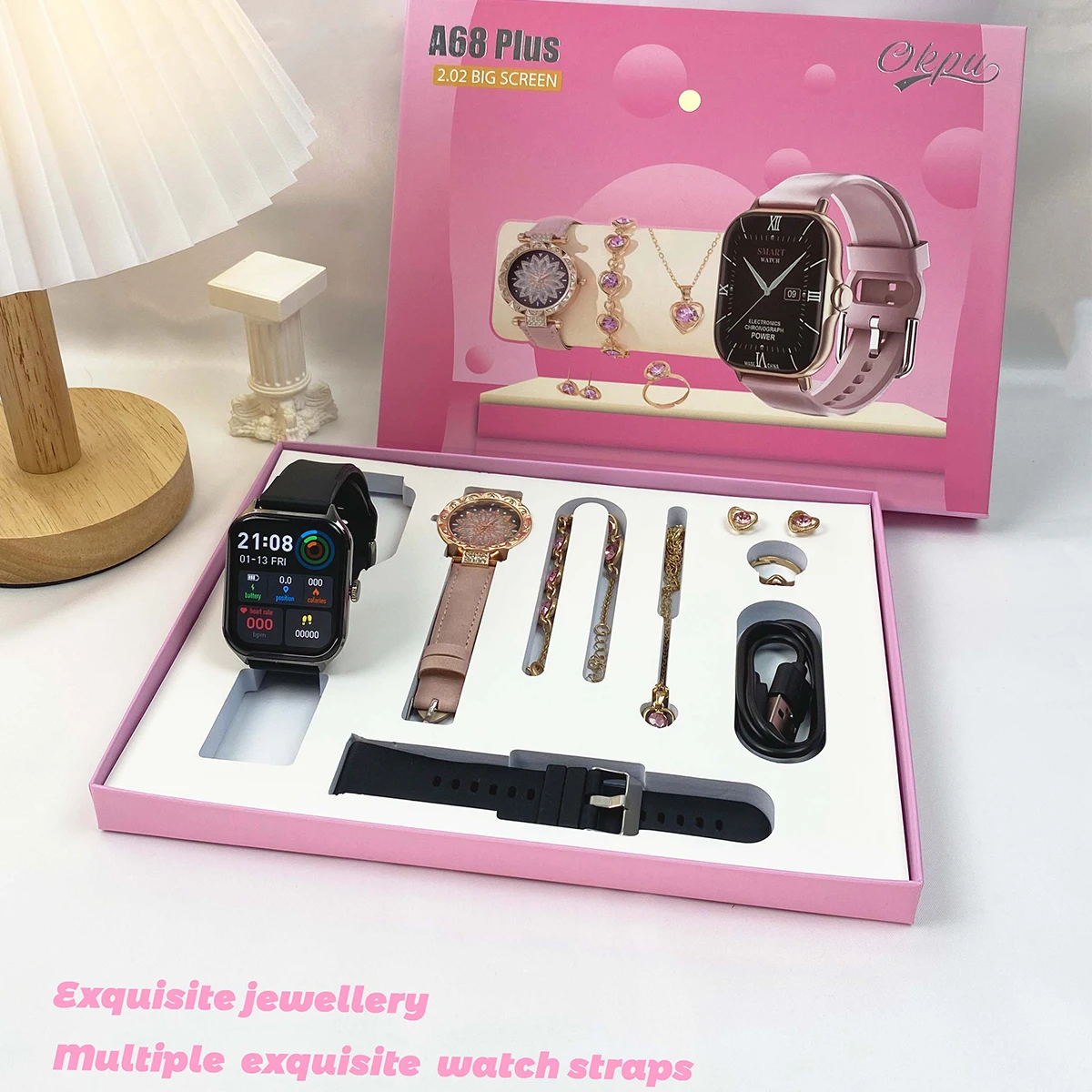 Fashion Smart Watch Gift Box Set + Diamond Quartz Watch + Necklace + Earrings + Ring + Bracelet