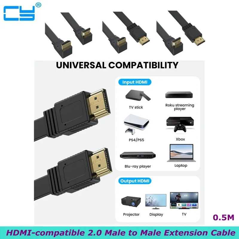 0.5m HDMI-compatible 2.0 Male to Male Extension Cable Support 4K 60Hz Resolution for Blu Ray Player, 3D TV, HDR，Roku, Xbox360
