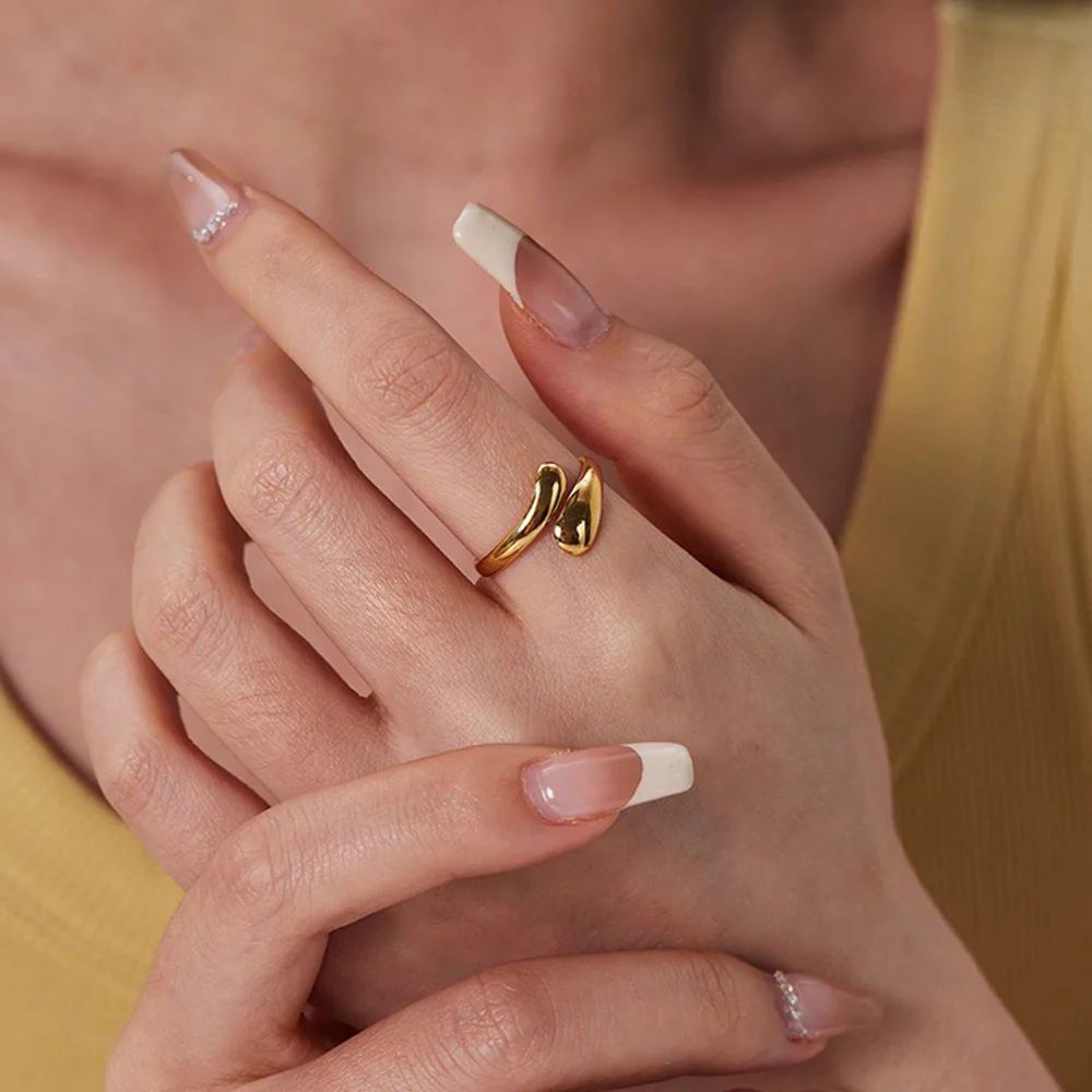 DGIDDK Stainless Steel Smooth Teardrop Opening Ring Gold Fashion Simple Personality Hundred Jewelry Gifts For Women Jewelry