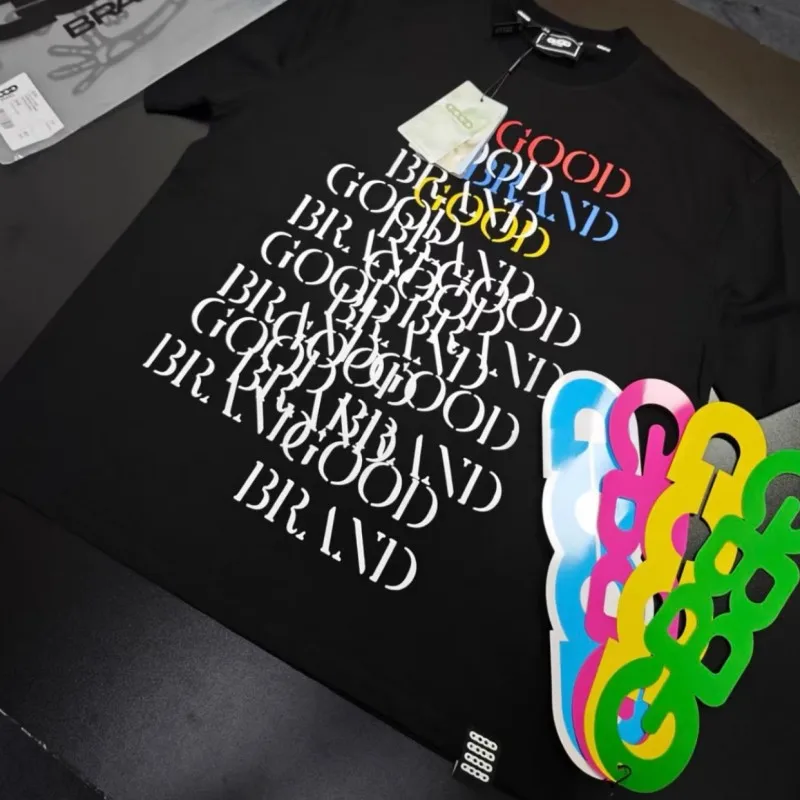 2XL Black GOODBRAND Tshirt Colorful Overlapping Foam Retro Slogan Round Neck Short Sleeve Men Women Breathable Cotton Streetwear