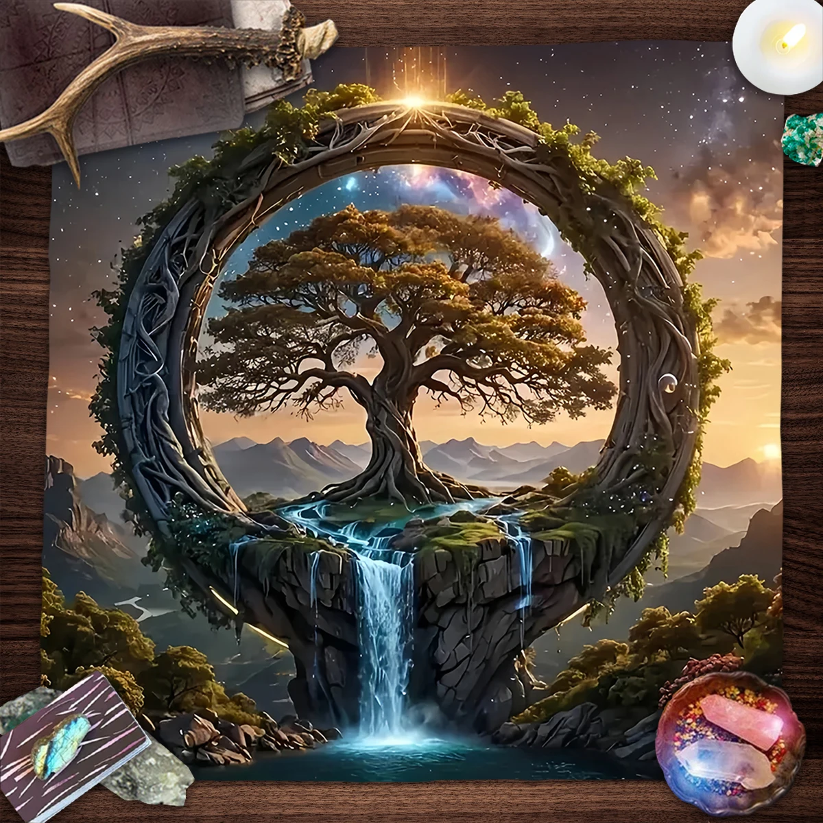 50/75cm Tree Of Life Tarot Card Tablecloth Starry Sky Lake View Altar Cloth Polyester Witchcraft Pagan Divination Witch Home