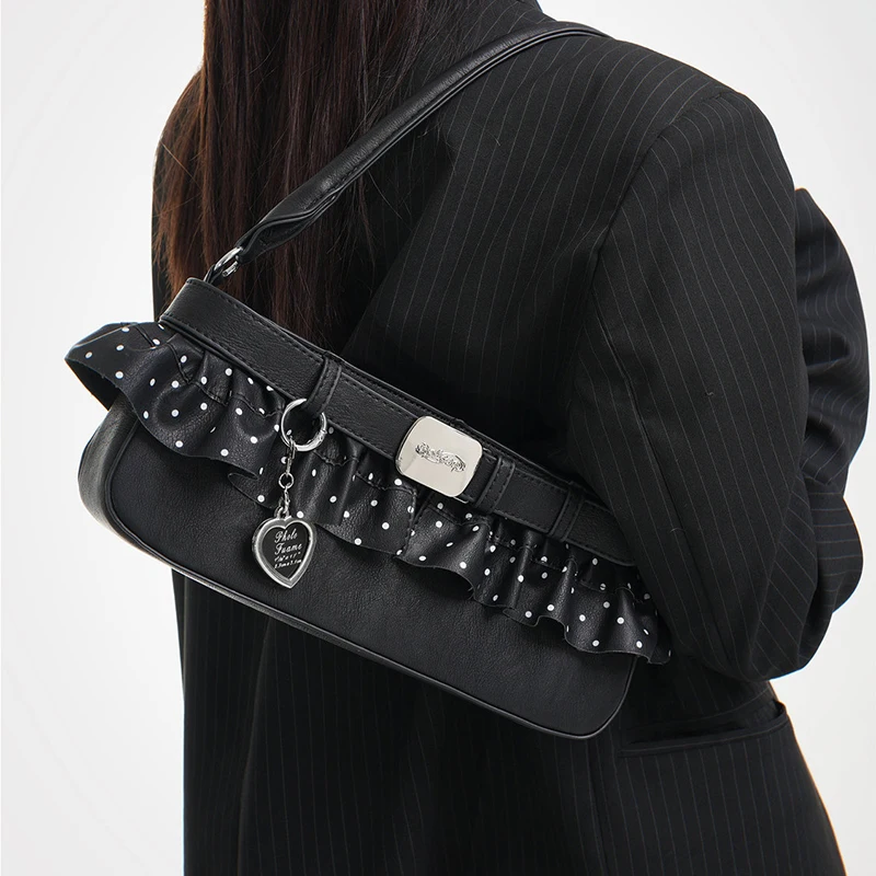 Umhängetasche mit gepunktetem Rüschenrand, Damen-Hobo-Handtasche, schicke Unterarmtasche im East-West-Stil, Y2k-Pendlertasche für Mädchen – Detail 11