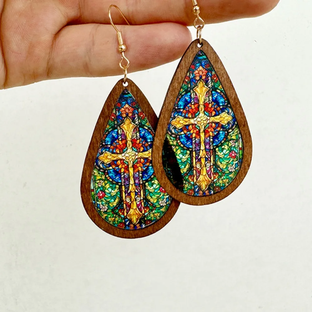 Kaleidoscope Pattern Mosaic Stained Glass Earrings Dangle Earring Vintage Colorful Statement Earrings Acrylic Wood