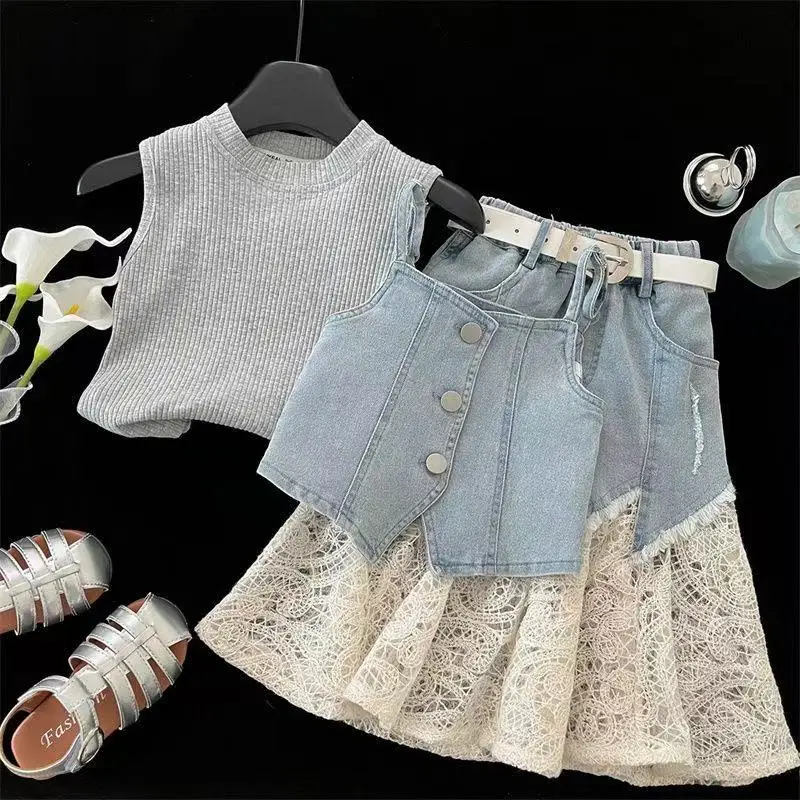 

2026 Summer Girl Set Fashionable New Children's T-shirt+Vest+Lace Patchwork Denim Skirt Three piece Set