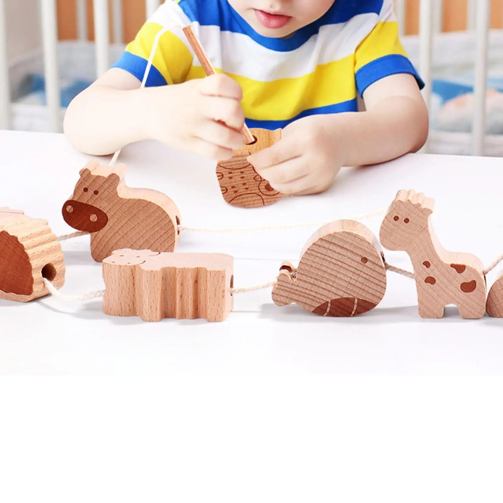 16Pcs Animal Blocks Threading Toy Learning Activities Wooden Stacking Puzzle for