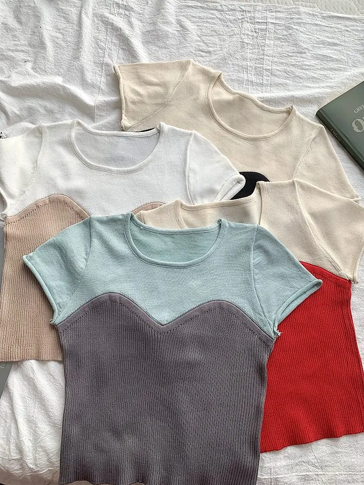 Slim Fit Short Sleeve Knitted T-Shirt Women's Summer New Style Korean Design Sensation Color Block Short Length Top