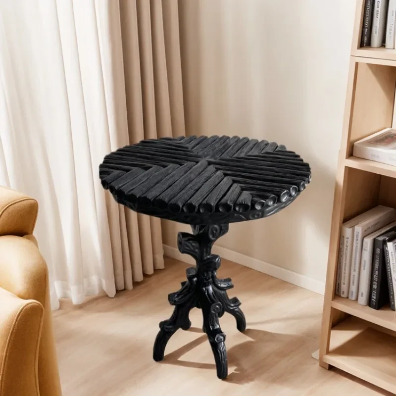 Vintage Round Black Wood Side Table Modern Home or Villa Hand Carved Living Room Bedroom