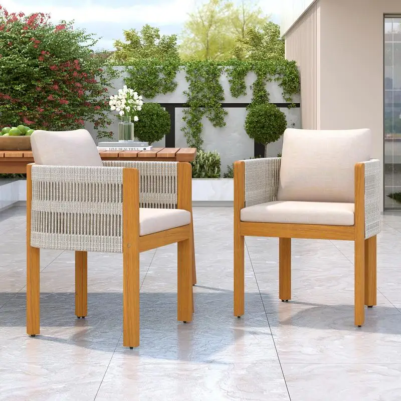 Acacia Wood Outdoor Dining Chairs Set of 2 with White Rope Handles, Washable Waterproof Beige Cushions, 400 lbs Capacity for