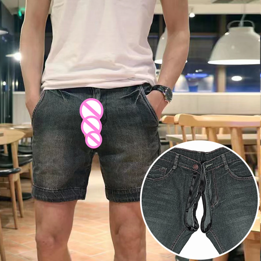 Invisible Open Crotch Outdoor Sex Personality Men's Jean Shorts Summer Trendy Casual Jeans Streetwear Erotic Five Points Pants