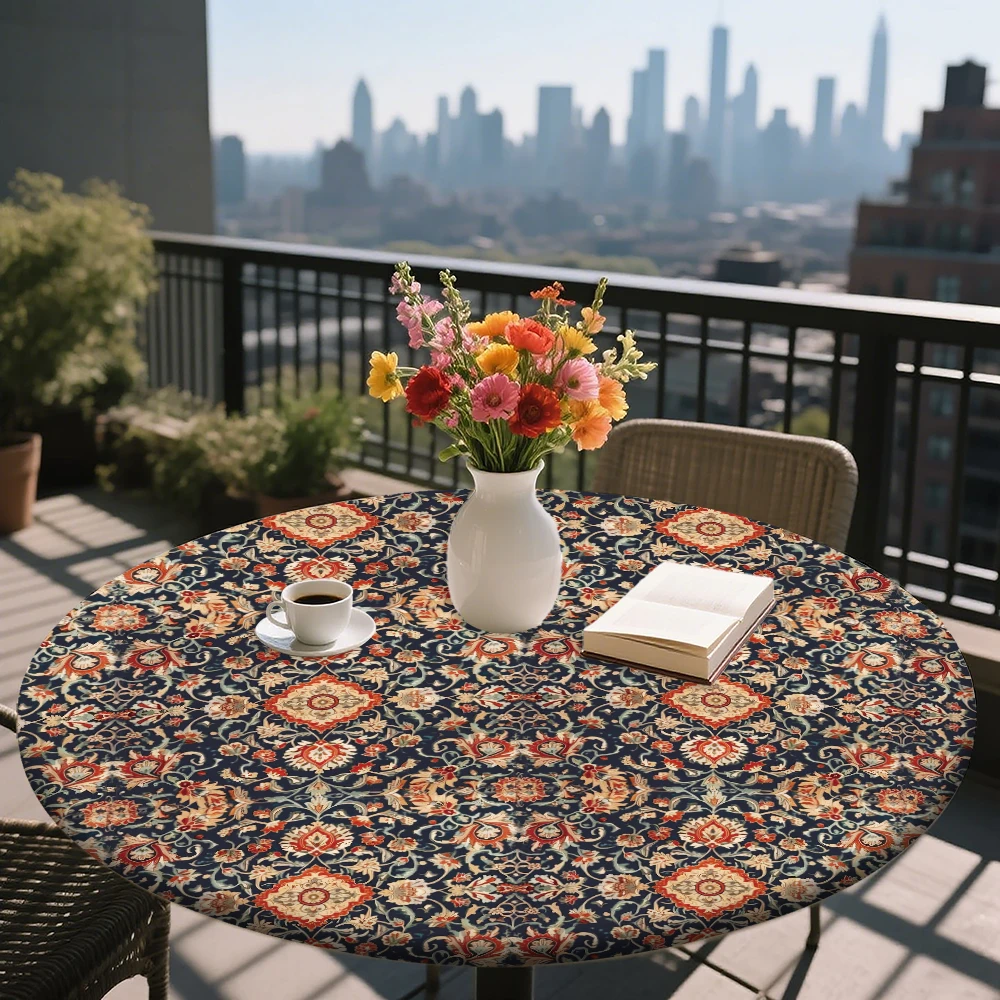 

The round elastic tablecloth features an oriental floral pattern. Made of polyester, it's for indoor dining room decoration.