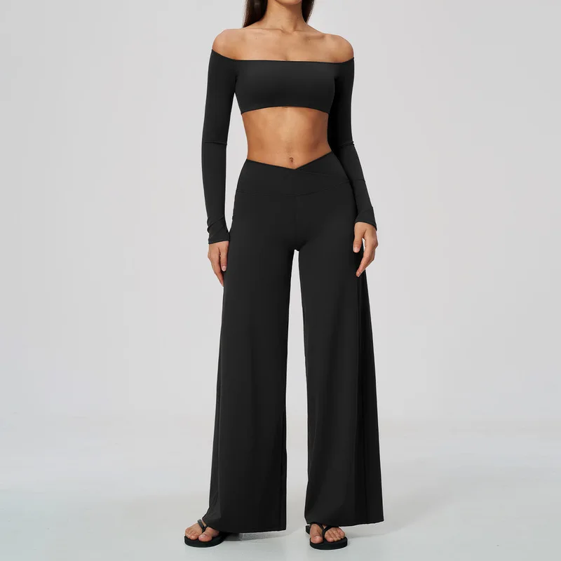 Women Off Shoulder 2 Piece Sports Yoga Set Long Sleeve Crop Top Built‑In Bra Waist Wide Leg Pants Quick Dry Pilates Gym Training