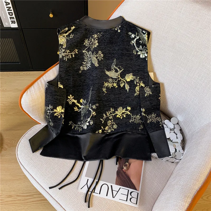 Black Patchwork Silk Split Vest Women Chinese Gold Embroidery Vest Autumn Retro Waistcoat Buckle Tassel Tank Tops Versatile 3560