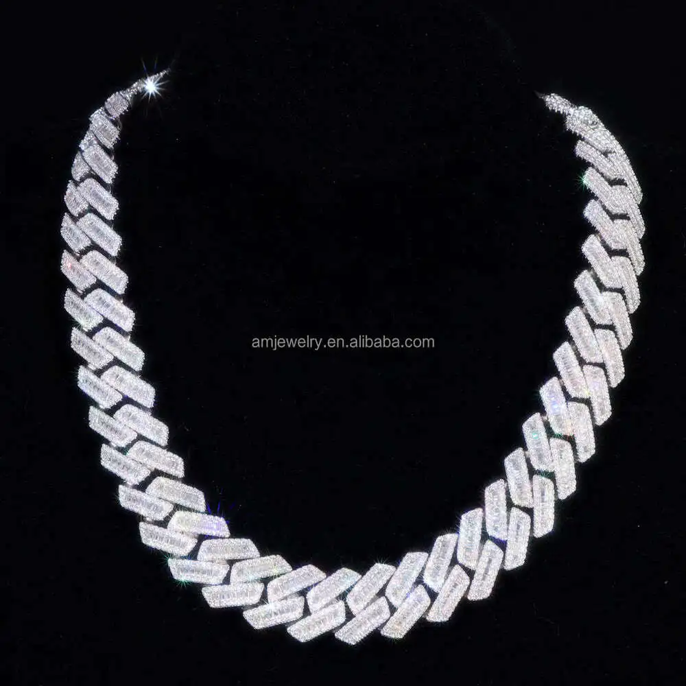 18mm Vvs Moissanite Cuban Link Chain Necklace Custom Iced Baguette Straight Line Cuban Chain Hip Hop 925 Silver Jewelry