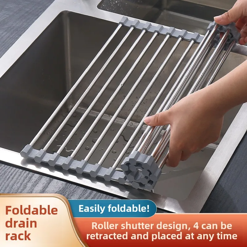 304 Stainless Steel Roll-up Sink Dish Rack: Space-Saving Over Sink Kitchen Storage Rack & Stainless Steel Kitchenware